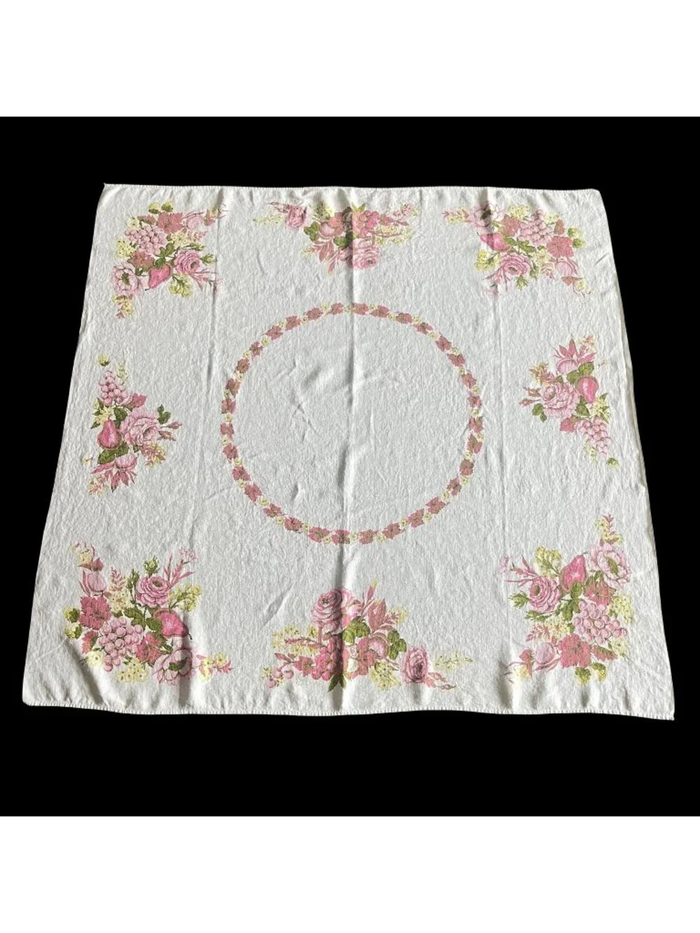 Vintage Cotton Floral Tablecloth 49x48 Square Yellow Pink Green Fruit and Floral